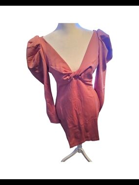 New Size Small Andre Tan Pink Puff-Sleeve V-Neck Dress with chain back detail